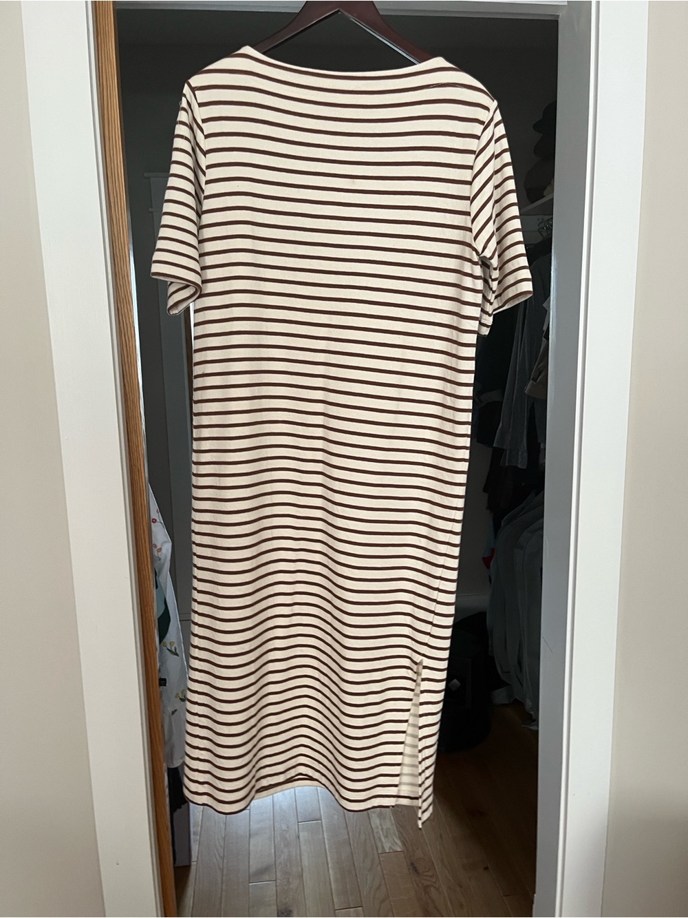 Striped Cream and Brown Short-Sleeve Midi Dress